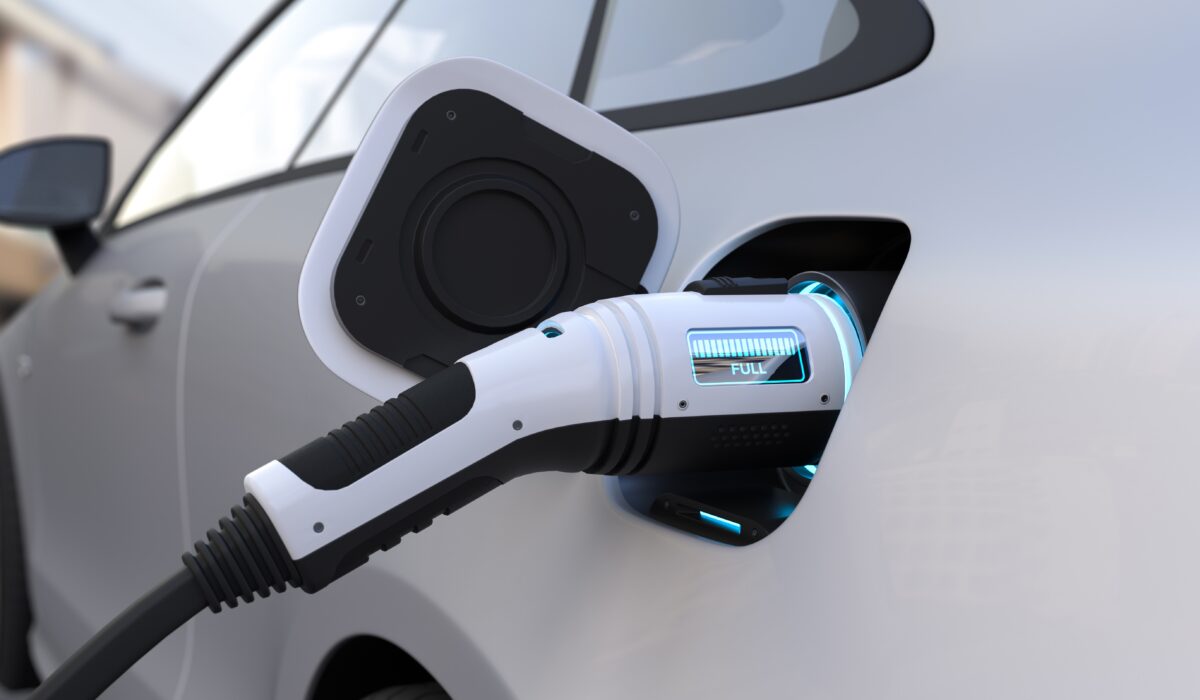 The electric car is fully charged with a battery, Charging technology, Clean energy filling technology. 3D illustration